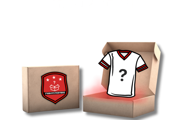 Image of a mystery football mystery box for the 23/24 season, shown with a closed and an open cardboard box. The open box contains a white football shirt with a question mark and red stripes on the collar, set against a dark background with the numbers '23/24' in white digital clock style above it.