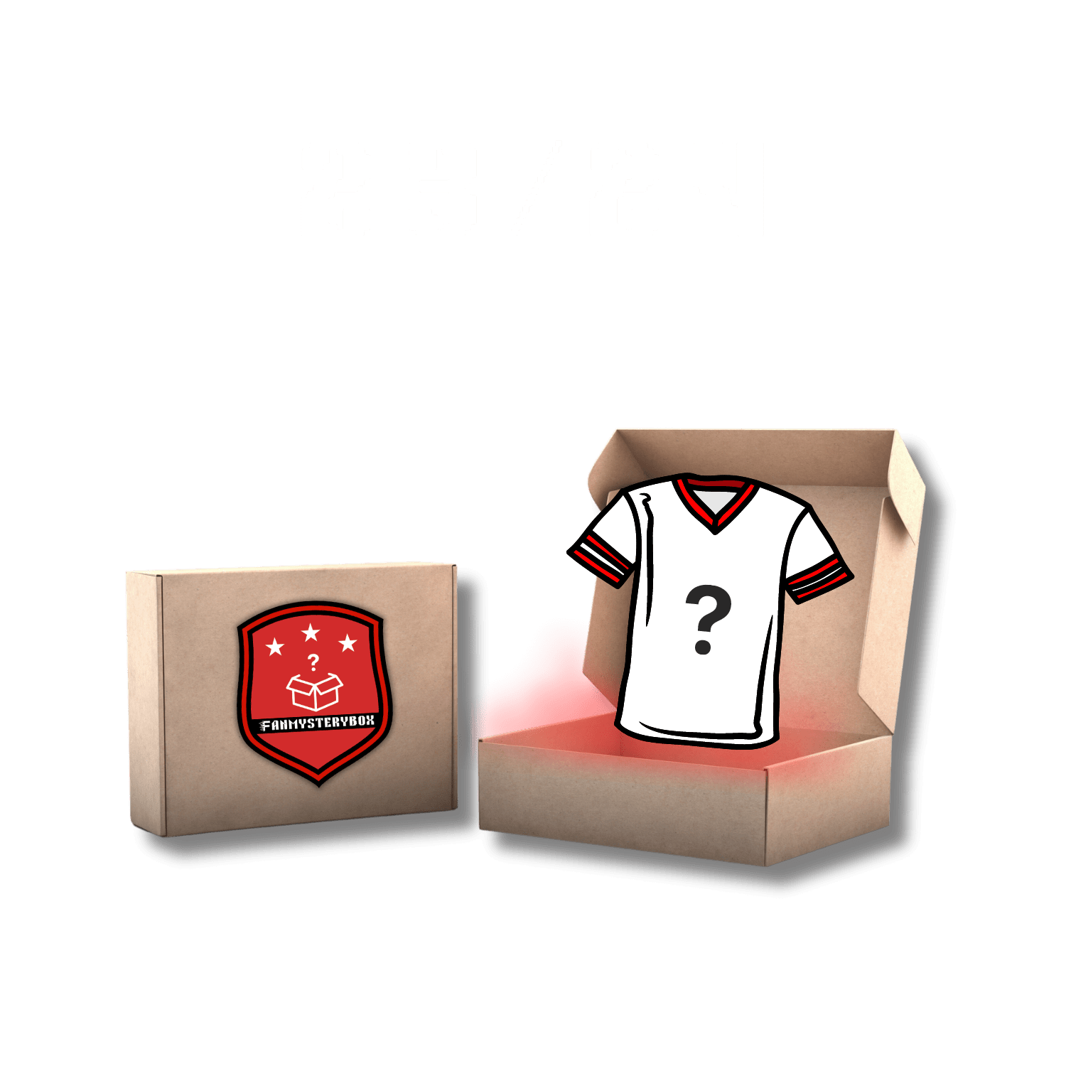 Bild einer Mystery Football Mystery Box für die Saison 23/24, dargestellt mit einer geschlossenen und einer offenen Pappschachtel. Die geöffnete Schachtel enthält ein weißes Fußballtrikot mit einem Fragezeichen und roten Streifen am Kragen vor einem dunklen Hintergrund mit den Zahlen "23/24" im Stil einer weißen Digitaluhr darüber.