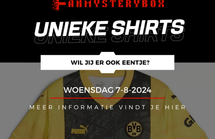 Afbeelding van een aankondiging voor de FanMysteryBox met unieke shirts, waaronder een Borussia Dortmund-shirt, beschikbaar vanaf woensdag 7-8-2024.