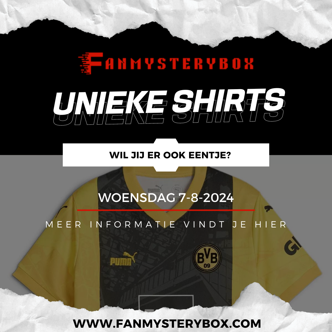 Afbeelding van een aankondiging voor de FanMysteryBox met unieke shirts, waaronder een Borussia Dortmund-shirt, beschikbaar vanaf woensdag 7-8-2024.