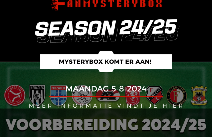 Afbeelding van een aankondiging voor de FanMysteryBox seizoen 24/25, met verschillende voetbalclublogo's en een startdatum van maandag 5-8-2024.