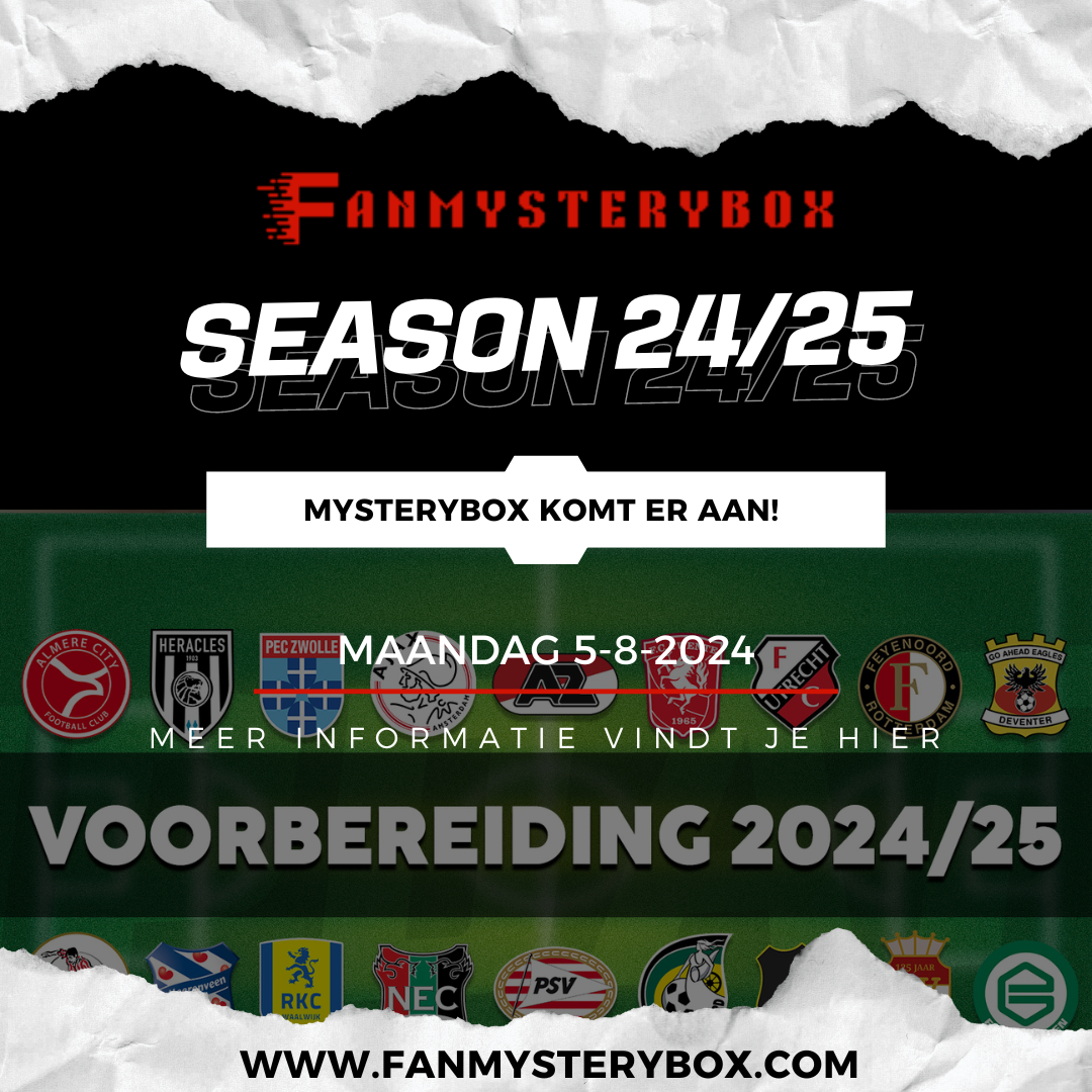 Afbeelding van een aankondiging voor de FanMysteryBox seizoen 24/25, met verschillende voetbalclublogo's en een startdatum van maandag 5-8-2024.